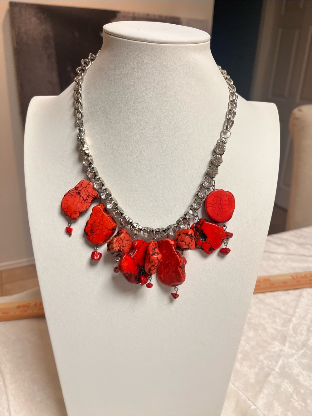 Bold Red Statement Necklace with Chunky Stone Drops